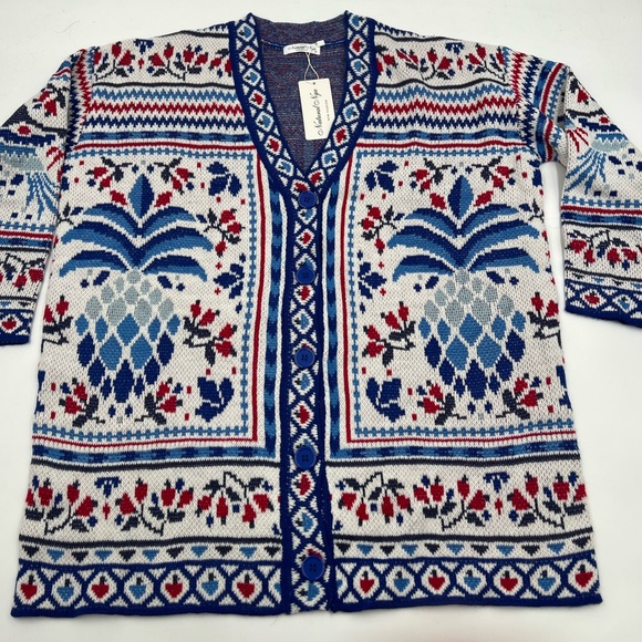 Natural Nga Sweaters - Natural Nga Blue Red Pineapple Intarsia Knit Longline Cardigan Sweater M NWT